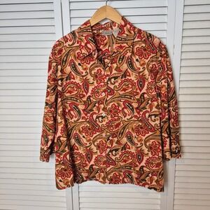 Passports Woman Paisley Button Down‎ Shirt 3/4 Sleeve Blouse Top 1X 100% Cotton